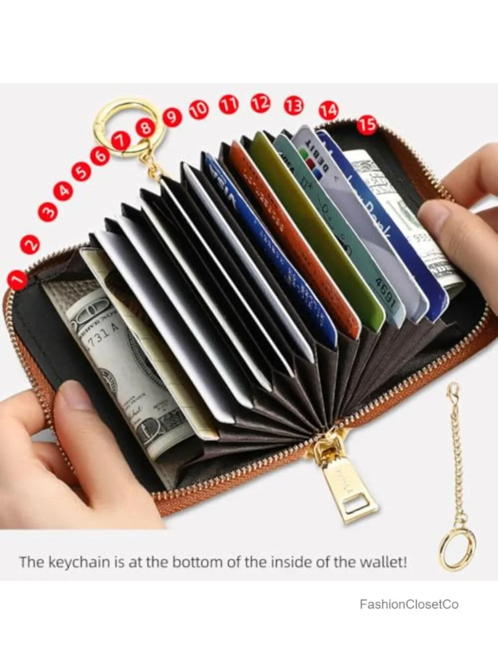 Vegan Leather RFID Blocking Zipper Card Case Wallet with Key Chain